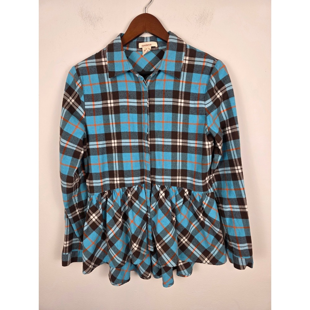 Sundance Hayden Creek Women's Plaid Peplum Shirt Blue Long‎ Sleeve Button Top M